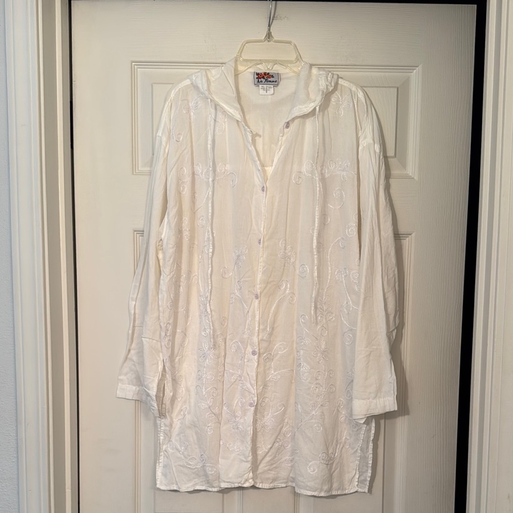 La Femme White Hooded Embroidered Button Down Oversized bathing suit coverup